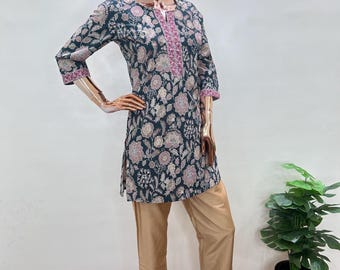 Blue and pink printed  Cotton Kurti | Hand Embroidery Tunic | Summer Cotton Kurta for Women | Indian Ethnic Top | Boho Kurti XS–2XL