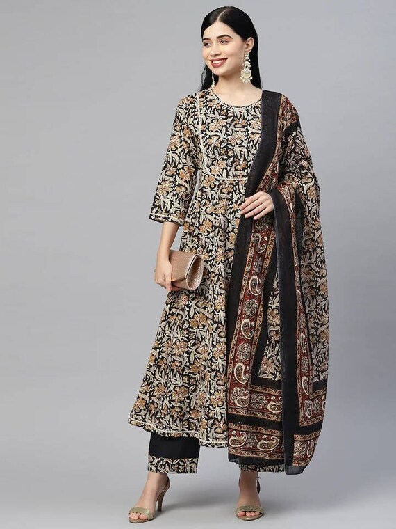 Buy Black Long Kurti with Kalamkari Print Jacket Online |  DressingStylesCA.com