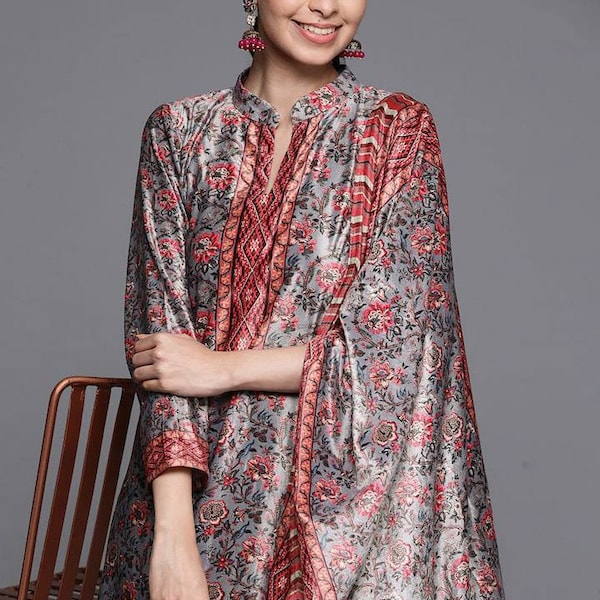 Velvet Kurta Pant Set - Printed kurta Palazzo With Dupatta - Indian Winter Wear - Salwar Kameez Set - Indian Party Wear - Indian Dress
