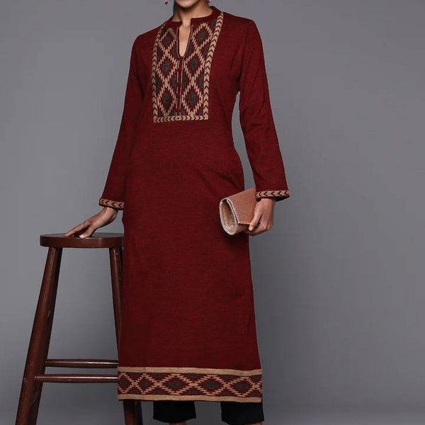 Winter Pashmina Woolen Kurta For Women - Maroon Woolen Kurta - Indian/ Kashmiri Kurta - Indian Long Tunic- Winter Wear For Women - Tunic