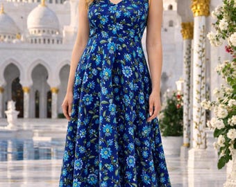 Blue Printed Cotton Kurta Set: Sleeveless Indian Tunic & Pants