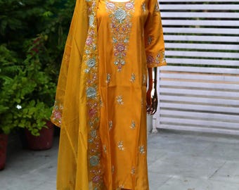 Mustard Yellow Embroidered Silk Kurta Set: Indian Wedding Salwar Kameez