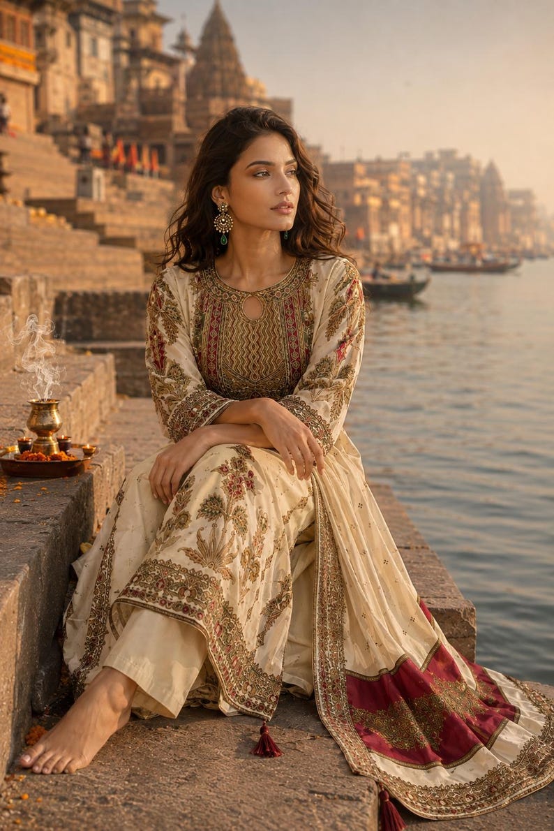 May include: A cream-colored long-sleeved tunic and matching trousers featuring intricate gold, red, and green floral embroidery. The tunic has a round neckline with a small keyhole cutout and a wide, decorative border along the hem.