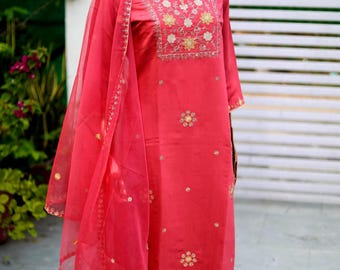 Pink Silk Zari Embroidered Kurta Set: Indian Wedding Salwar Kameez