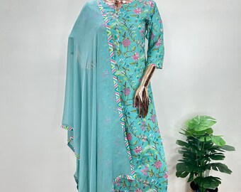 Florales Kalamkari Kurta Set: Baumwolle Anarkali Salwar Kameez