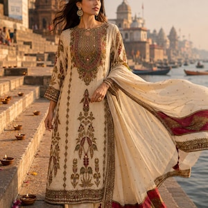 May include: A cream-colored long-sleeved tunic featuring intricate embroidery in shades of gold, red, and green, paired with matching trousers and a sheer cream dupatta with a wide, ornate red and gold border and decorative tassels.