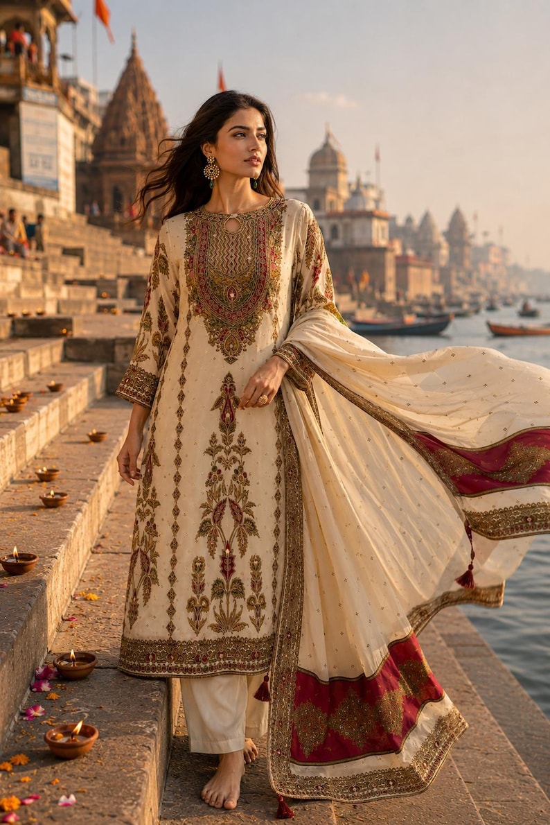 May include: A cream-colored long-sleeved tunic featuring intricate embroidery in shades of gold, red, and green, paired with matching trousers and a sheer cream dupatta with a wide, ornate red and gold border and decorative tassels.