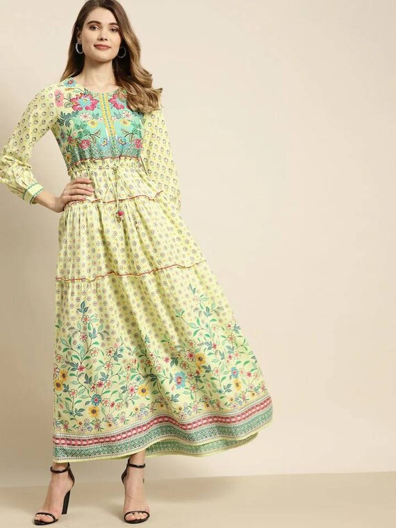 Indian Party Wear Anarkali Kurta Green Floral Printed A line Kurta