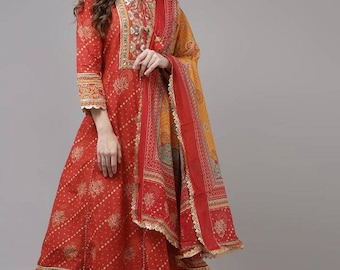 Anarkali Kurta With Trousers and dupatta For Women - Red Embroidered Anarkali Cotton Kurta - Salwar Kameez Set Dress - Kurta Palazzos Set