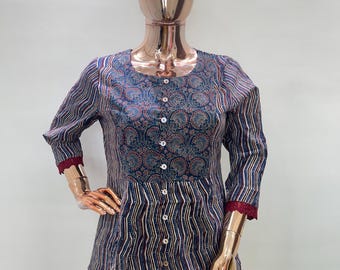 Handmade Cotton Tunic Top: Floral Block Print Boho Kurti