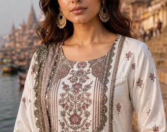 Conjunto de kurta de seda estampada / Ropa festiva india con dupatta / Atuendo étnico informal para encuentros y saludos con detalles de encaje