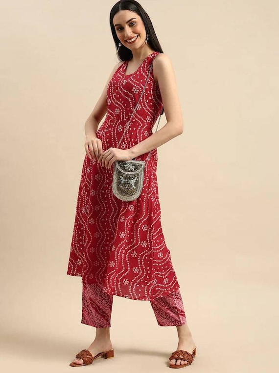 Women's Modal Chanderi Printed Straight Regular and Office wear Kurti and  Pant Set – Red