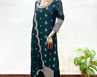 Dark Green Embroidered Salwar Kameez: Silk Blend Indian Party Wear
