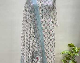 Green Cotton Kurta Pant Dupatta Set | Block Print Salwar Kameez | Women’s Indian Outfit