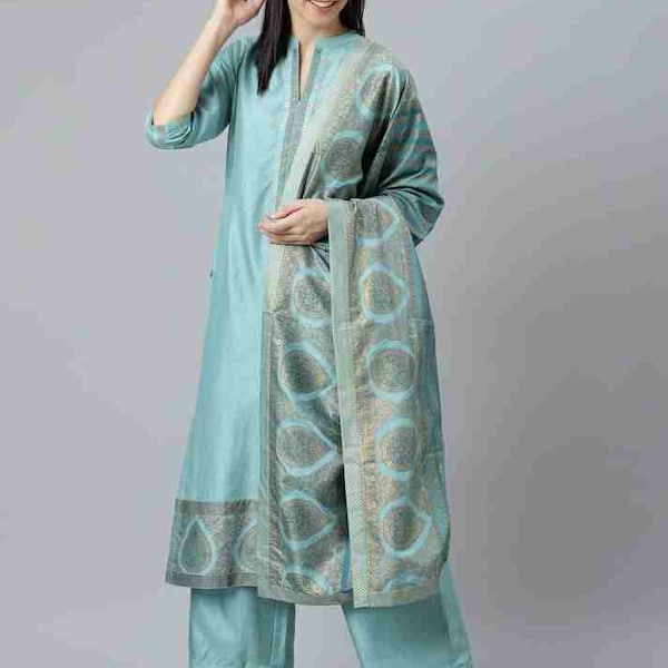 Indian Party/Festive Wear Dress For Women - Blue Silk Kurta Set - Kurta With Trousers And Dupatta - Kurta Pant Set - Salwar Kameez Set