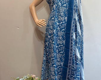 Blue Printed Kurta Set: Sleeveless Cotton Indian Dress