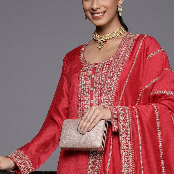 Silk Kurta Sets For Women - Indian Wedding Wear - Red Embroidered  Straight Kurta With Palazzos and Dupatta - Salwar  Suit - Wedding Wear