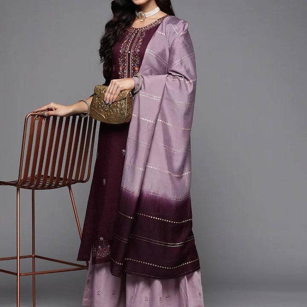 Silk Kurta Set For Indian Party Wear - Burgundy Embroidery Silk Straight Kurta Set - Indian Kurta  Palazzos - Pakistani Salwar Suit - Tunics
