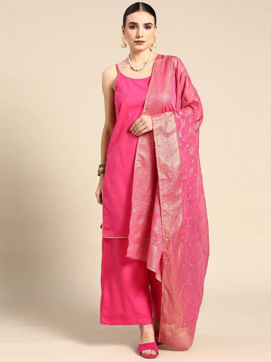 Pink Poly Silk Floral Print Kurta with Pant and Dupatta – Janasya.com