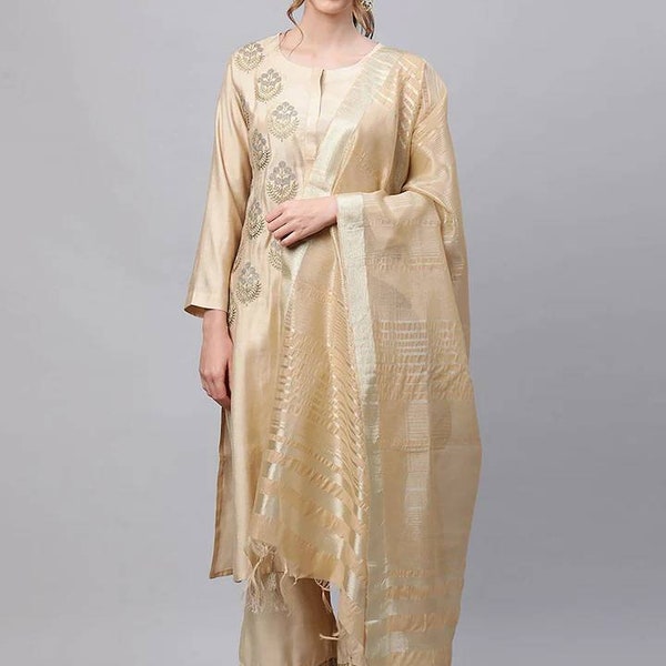 Beige Embroidered Regular Kurta with Palazzos & With Dupatta - liva kurta set - Bollywood designer dress • Indian dress for women