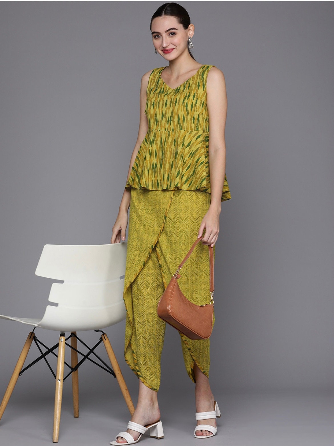 Yellow Foil printed Kurti with Dhoti pants and Dupatta - CUDDLES