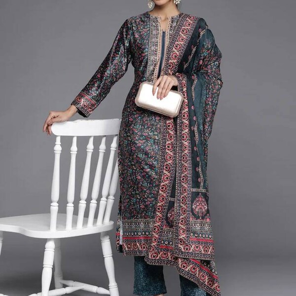 Velvet Kurta Pant Set - Printed kurta Palazzo With Dupatta - Indian Winter Wear - Salwar Kameez Set - Indian Party Wear - Indian Dress