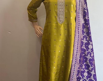 Green purple Kurta Palazzo Dupatta Set | Embroidered Salwar Suit Women | Indian Ethnic Outfit | Party Wear Kurta Set | Wedding Guest outfit