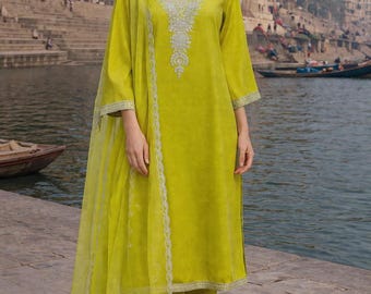 Green Zari Silk Kurta Set: Embroidered Indian Festive Dress | Party wear kurta set | Festive wear suit set