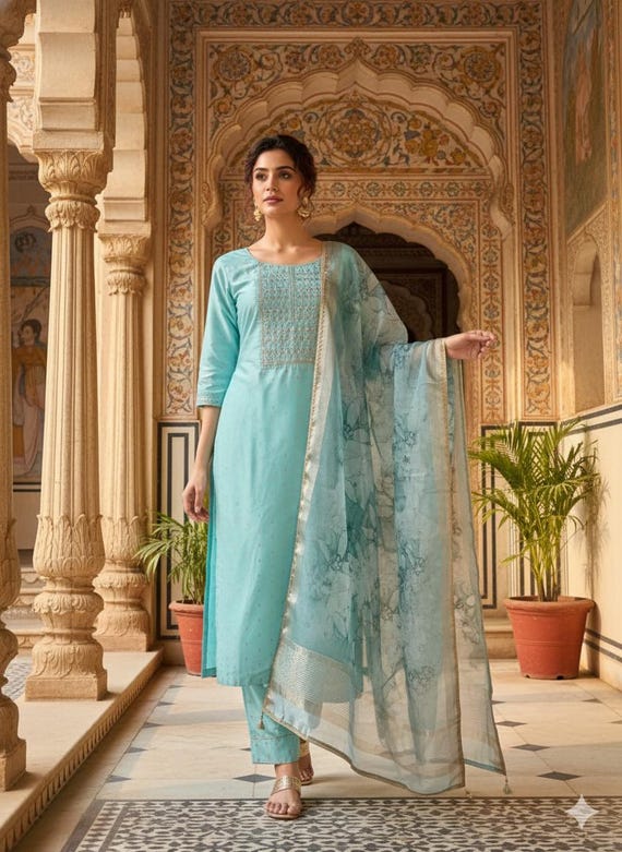 Aqua Blue Silk Blend Kurta Set: Embroidered Indian Wedding Outfit