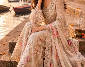 Beige Floral Silk Chiffon Kurta Set for Women, Embroidered Palazzo Suit, Designer Dupatta, Indian Wedding Outfit Plus size 3xl