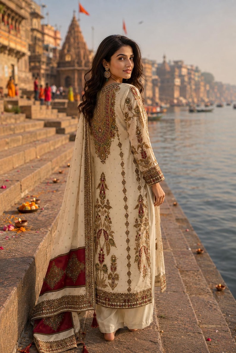 May include: An off-white long-sleeved tunic and matching trousers featuring intricate gold, red, and green embroidery. A coordinating shawl with a deep red border and gold embellishments drapes over the shoulder, completing the ensemble.