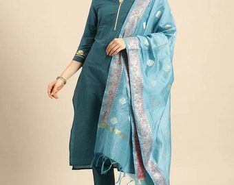Teal green and blue solid Kurta with Trousers with dupatta - Indian party wear dress- kurta with salwar and dupatta - indian wedding wear
