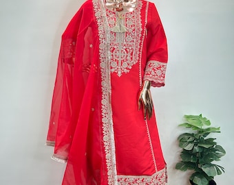 Embroidered Red Silk Blend Kurta Palazzo Dupatta - Indian Wedding Wear | Festival wear | Casual normal outing Indian dresses for women