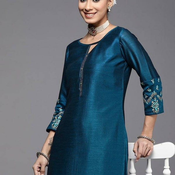 Seide Kurta Set für indische Party Wear - Blaue gestickte Seide gerade Kurta Palazzos Set - indische Kurta für Frauen - pakistanischer Salwar-Anzug -