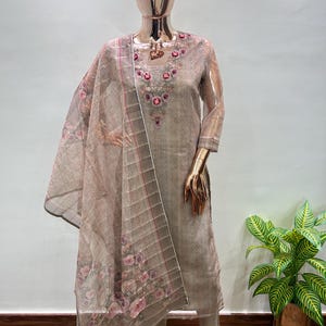 Indian Party/ Festive Wear dress for women -  wedding  kurta set -Beige Kurta with trousers and dupatta - kurta pant set - Salwar Kameez set