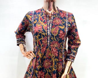 Handmade Cotton Tunic Top: Floral Block Print Boho Kurti