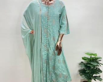 Sea Green Cotton Kurta Pant Set with Dupatta | Indian Ethnic Outfit for Women | Festive Wear Kurta Trouser Dupatta Set | Party Wear Indian