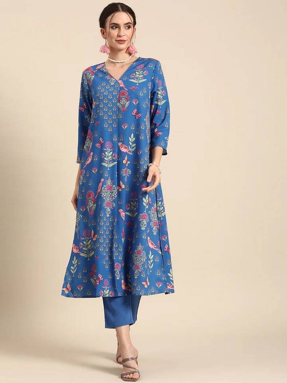 Cool Blue Color Cotton Designer Printed Kurti -Sunflower04