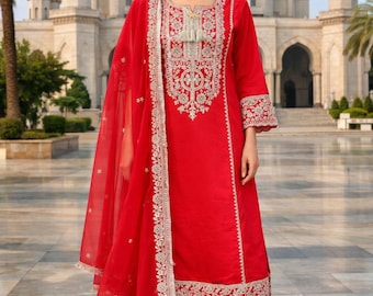 Embroidered Red Silk Blend Kurta Palazzo Dupatta - Indian Wedding Wear | Festival wear | Casual normal outing Indian dresses for women