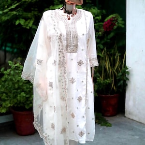 Indian Party / Wedding Wear For Women - Off white Silk Embroidered Gota  Straight Kurta With Trousers & Dupatta - Kurta Sets - Salwar Kameez