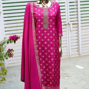 Indian Party/Festive Wear Dress For Women - Banarsi Silk Kurta Set - Kurta With Trousers And Dupatta - Kurta Pant Set - Salwar Kameez Set
