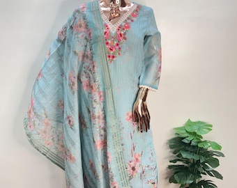 Completo di pantaloni Kurta verde mare con Dupatta / Abito in lino ricamato a fiori