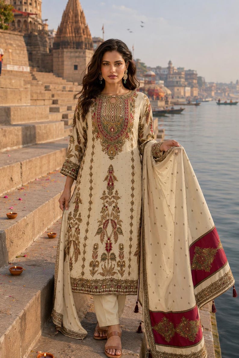 May include: A cream-colored long-sleeved tunic with intricate embroidery in shades of red, gold, and green, paired with matching trousers and a coordinating shawl featuring a wide maroon border with gold embellishments and tassel accents.