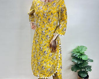 Yellow Cotton Kurta with Afghani Salwar | Printed Ethnic Suit for Women | Casual Summer Wear S–3XL