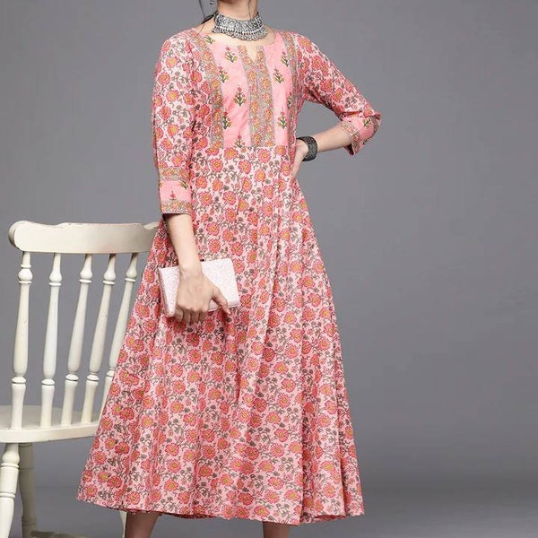 Anarkali Kurti Dress - Pink printed Anarkali Kurta - Maxi Dress - Dresses For Women - Indian Ethnic Wear - Midi Dress - Indian Dress - Kurti