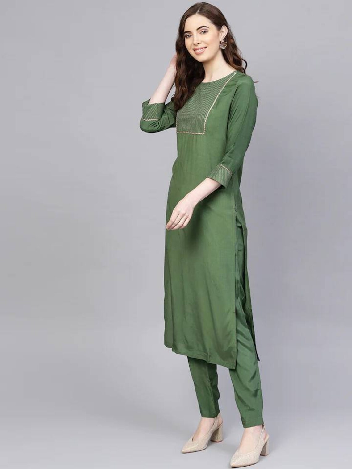 [Available] Women Dusty Pink & Golden Woven Design Kurta With Palazzos