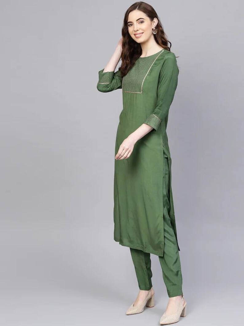 Dobby Green Kurta With Palazzos & With Dupatta