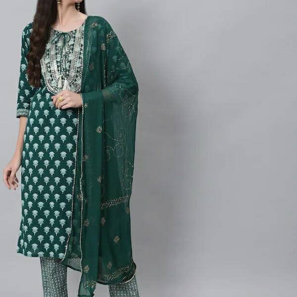 Pakistani Salwar Suit • Pure Cotton Green Embroidered Straight Kurta With Trousers & Dupatta • Indian Dress Women • Kurta With Palazzos • Pl