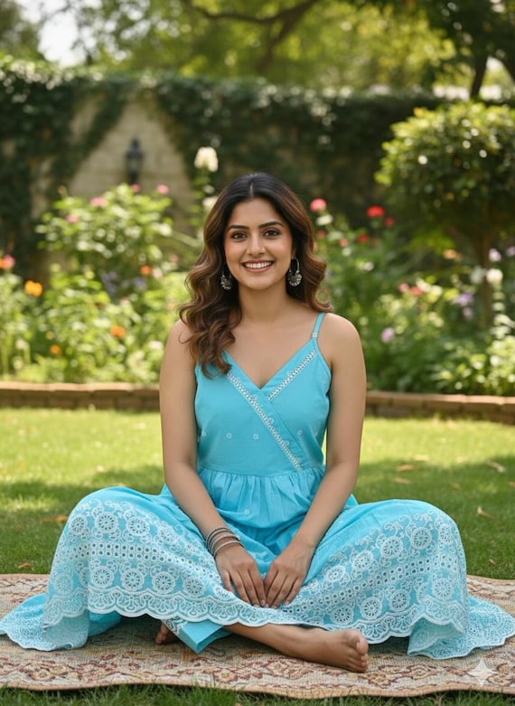 aqua blue indian dress Embroidered Cotton Kurta Set: Sleeveless Outfit Georgette Palazzo Fabric VENDOR COLOR-BLACK PU Maxi Dress Dillards Cocktail SIZE:Italian 40