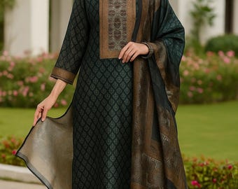 Emerald Green Silk Kurta Set | Floral Motif printed Wedding Ensemble | Designer Ethnic Suit with Dupatta & Trouser